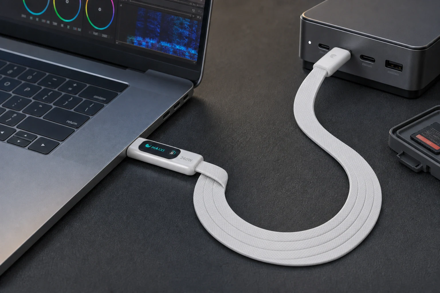 MAIXI C4 数显磁吸扁线连接创作笔记本与桌面充电器,外壳型号标识为 240W