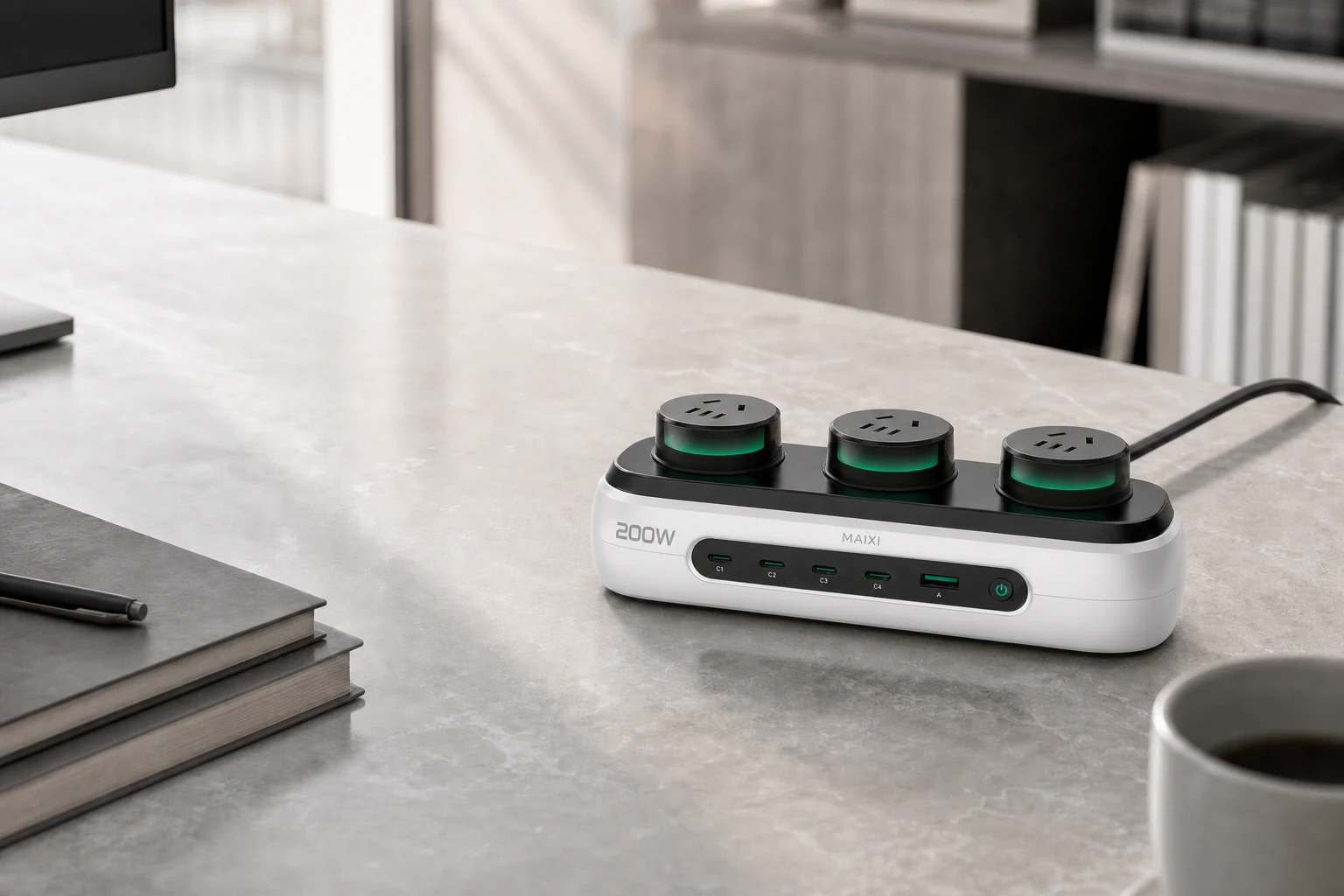MAIXI U1-200W 在真实办公桌面中为多台设备供电,后部电源线清晰接入